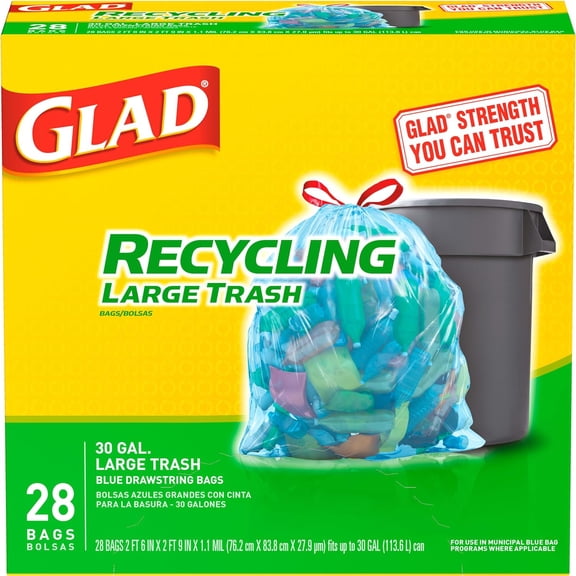 Trash Bags, Large Drawstring Garbage Bags, 30 Gallon Blue Trash Bags for Large Kitchen Trash Can or Recycling, 28 Count - Packaging May Vary