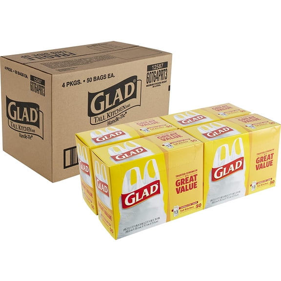 Trash Bags, Tall Kitchen Garbage Bags, 13 Gallon Handle Tie Trash Big for Kitchen, Unscented, 50 Count (Pack of 4)