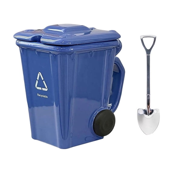 Trash Bin Ceramic Mug with Lid, Funny Recycling Bin Coffee Mug, Functional Desk Cup for Office Use, Durable Ceramic with Spoon, Unique Gift for Coworkers and Friends,Blue