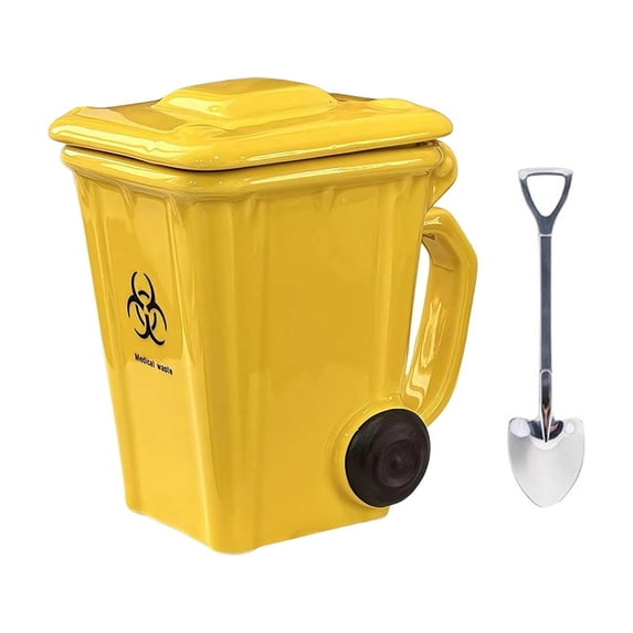 Trash Bin Ceramic Mug with Lid, Funny Recycling Bin Coffee Mug, Functional Desk Cup for Office Use, Durable Ceramic with Spoon, Unique Gift for Coworkers and Friends,Yellow