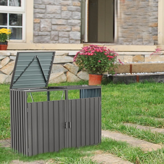 Trash Bin Storage Shed, Metal Outdoor Bin House for Double Garbage Can Storage Garden Yard Lawn, Grey