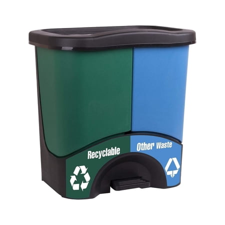 Trash Bins - 3 Gallon - 17.5inW x 17.5inH x 13inD - Double Bin - Green/Blue - Recycle, Trash, Can, Bin, Garbage, Plastic, Wastebasket, Adjustable, Removable, Home, Office, Durable