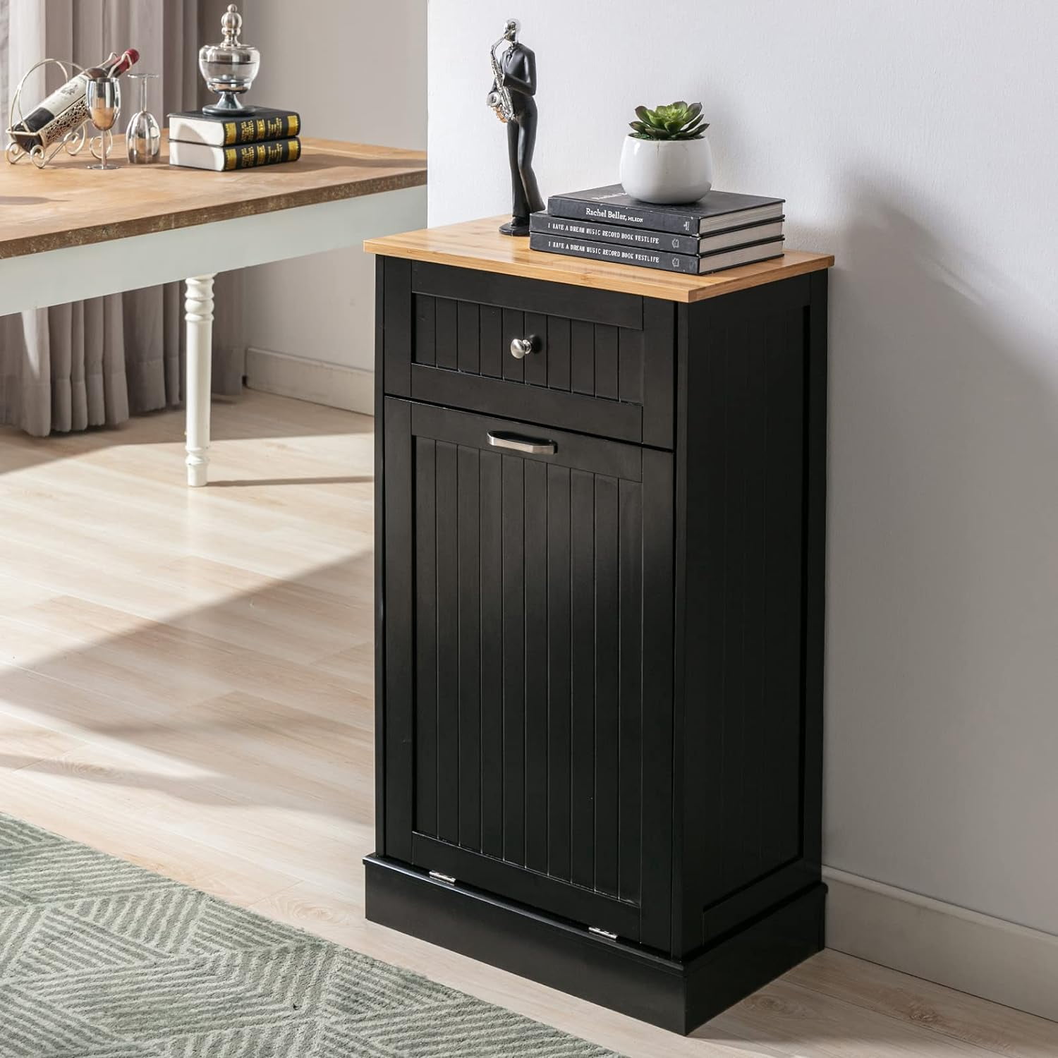 Freestanding Tilt-Out Trash Cabinet With Cutting Board - White Kitchen Garbage Station With Hidden Storage