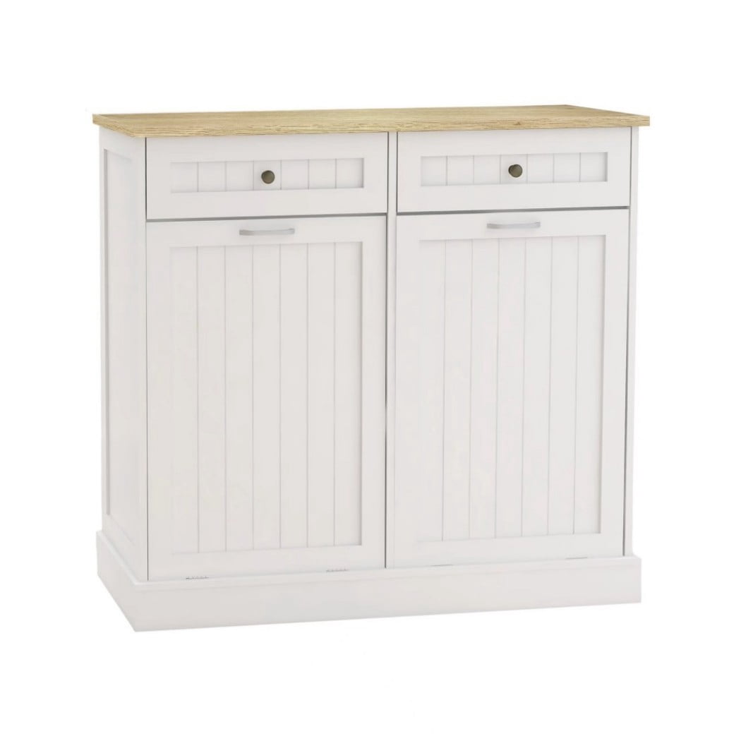 Trash Cabinet with 2 Tilt-Out Compartments and 2 Drawers, Kitchen Trash Can Cabinet with Storage, White Freestanding Garbage Cabinet