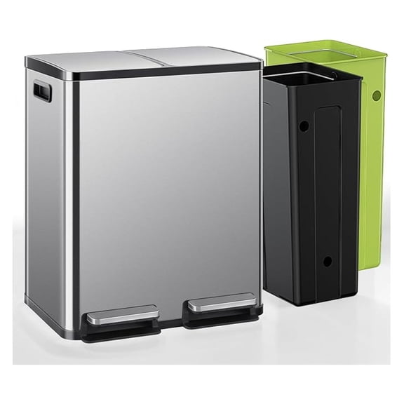 Trash Can, 16 Gallons (2 x 8 Gallon) Dual Garbage Dustbin with Soft-Close Lid, 60 Liter Large Stainless Waste Bin for Kitchen Home Office
