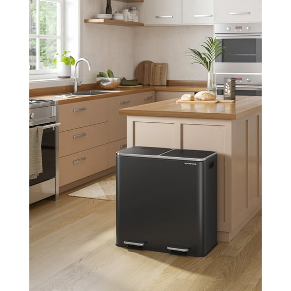 10.6 Gallon Dual Compartment Trash Can - Hands-Free Pedal Kitchen Bin with 15 Bags, Airtight Lids & Removable Buckets, Black