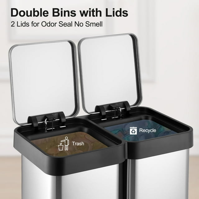 Trash Can, 2 x 8 Gal Dual Garbage Can & Recycle Bin, 2 Compartments & 2