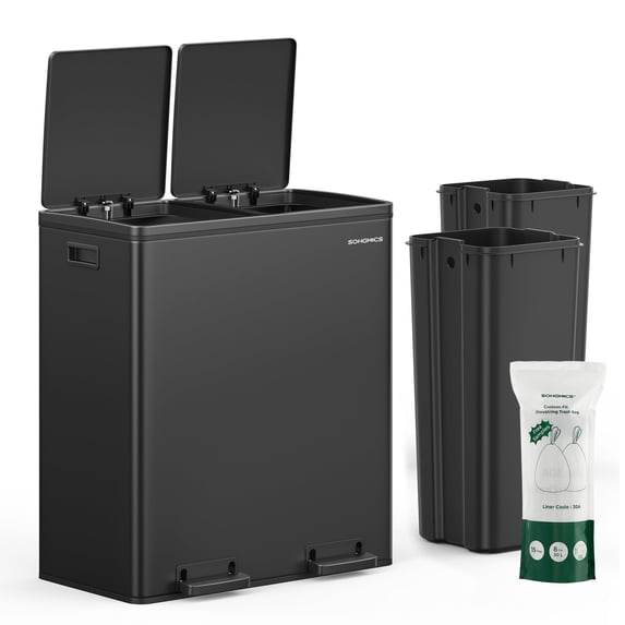 Trash Can, 2 x 8-Gallon Garbage Can for Kitchen, with 15 Trash Bags, 2 Compartments, Plastic Inner Buckets and Hinged Lids, Airtight