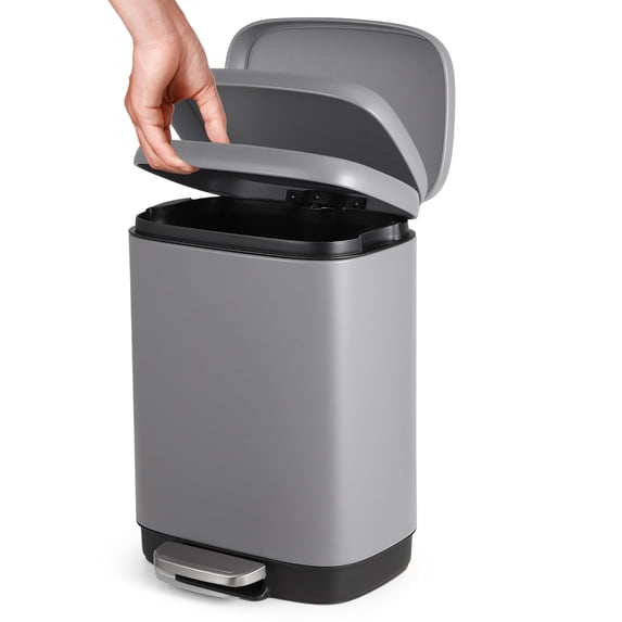 Trash Can, 3.2 Gal/12L Stainless Steel Waste Bins, Soft-Close Lid, Step-on Garbage Bin, Fingerprint-Proof Recycle Bins for Kitchen, Office, Bathroom, Grey (with Removable Inner Bucket)
