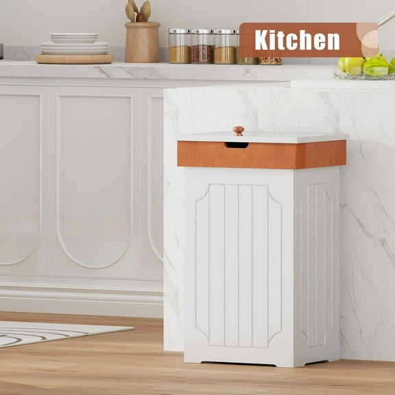 Trash Can Cabinet, 13 Gallon Kitchen Garbage Can, Wooden Recycling Trash Bin, Dog Proof Trash Can, Trash Cabinet with Lid for Home Kitchen Bathroom, White