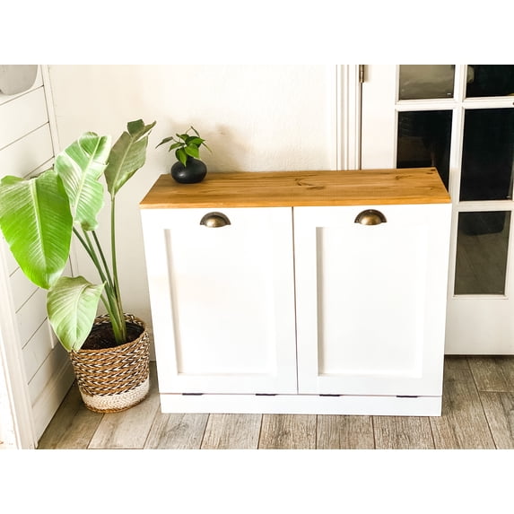 Trash Can Cabinet, Tilt Out Cabinet, Wood Trash Recycle Bin, Laundry Hamper