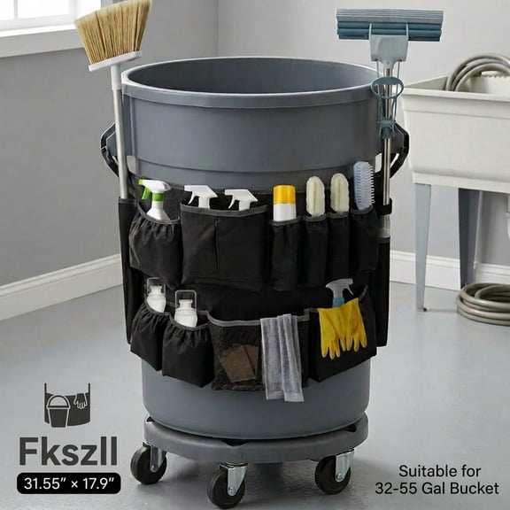 Trash Can Caddy Bag Fit 32 to 55 Gallon Garbage Bin Polyester Garbage Can Caddy with 13 Pockets for Housekeeper Professional Cleaner