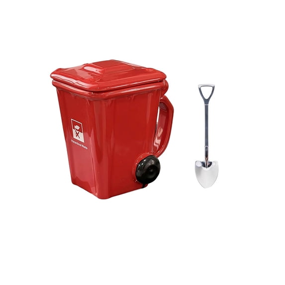 Trash Can Ceramic Mug with Lid - Mini Recycling Bin Coffee Cup, Quirky Desk Gift for Office, Includes Spoon for Stirring Red