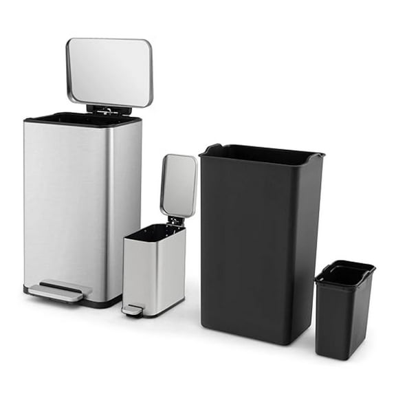 Trash Can Combo Set of 2, 10.5 & 1.6 Gal Stainless Steel Step Trash Cans with Removable Buckets & Stay-Open Lids for Kitchen, Bathroom, Office