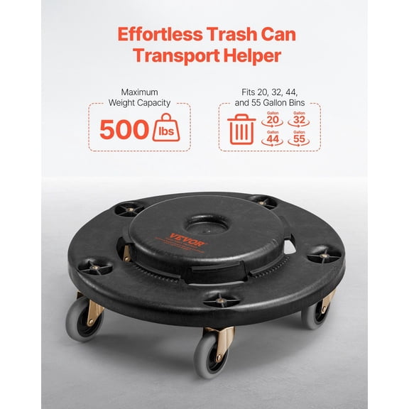 Trash Can Dolly,Fit 20,32,44,55 Gallon Containers,Round Trash Can Roller Base with 4 Lockable Wheels,500lbs Weight Capacity,Heavy Duty Barrel Dolly,Multi-Functional Rolling Dolly Cart
