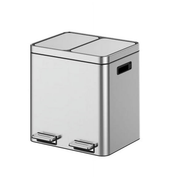 Trash Can, Garbage Can for Kitchen, 2/3 Compartments for Recycling and Trash, Plastic Inner Buckets and Hinged Lids, Wide Stainless Steel Shape, Silver