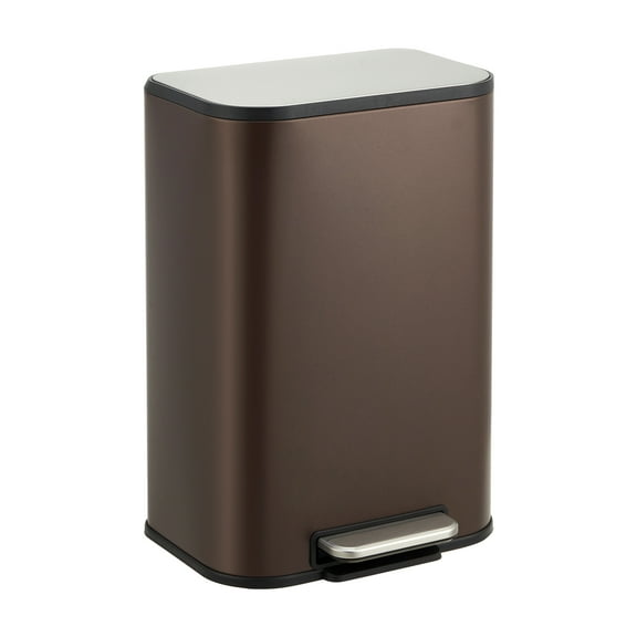 Trash Can for Kitchen, Stainless Steel Garbage Can with Soft-Close Lid, Foot Pedal and Removable Inner Bucket, Rectangular Trash Can for Office Bedroom Bathroom Living Room, Brown