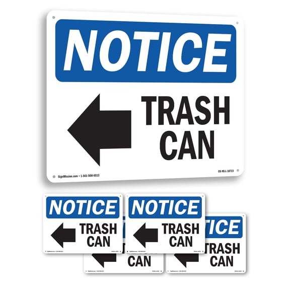Trash Can [Left Arrow] OSHA Notice Rigid Plastic Sign 14 Inch x 10 Inch - 5 Pack