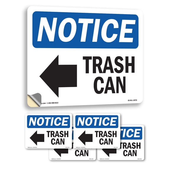 Trash Can [Left Arrow] With Symbol OSHA Notice Vinyl Decal Label 5 Inch x 3.5 Inch - 5 Pack