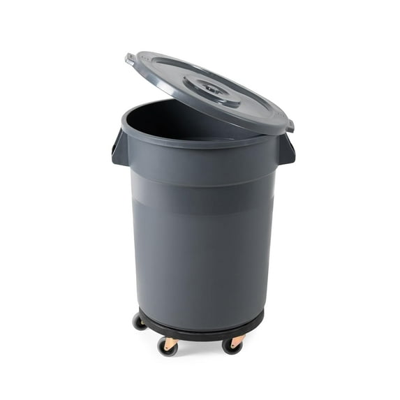 Trash Can With Lid And Dolly Round Ingredient Storage Containers Recycling Bin Kitchen Garbage Can Office Garbage Can Trash Barrel Plastic Barrel Yard Waste Bin Outdoor Trashcan (Gray, 32 Gallon)