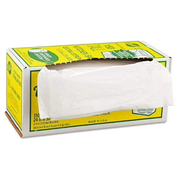 FLEX-O-BAG Trash Can Liners and Contractor Bags, 13 gal, 1.25 mil, 24 in X 30 in, White, Extra-Strong Tall Kitchen Bag