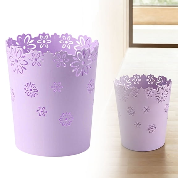 Trash Can, Mini Wastebasket Small Purple Trash can Room Decor Hollow Flower Shape Plastic Lidless Round Garbage Container Bin for Bathroom, Kitchen, Bedroom, Home Office, College Dormitory (Small)