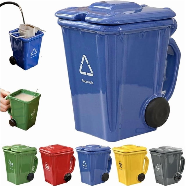 Trash Can Mug, Ceramic Coffee Mug with Lid, 3D Recycling Bin Design ...