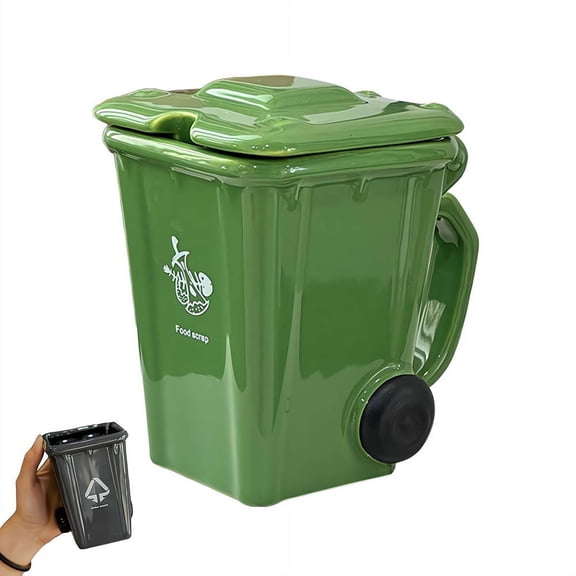 Trash Can Mug Ceramic Mug with Lid, Funny Recycling Bin Coffee Mug, Creative 3D Novelty Drinking Mug, Gag Gift for College Students Office Coworkers(green)