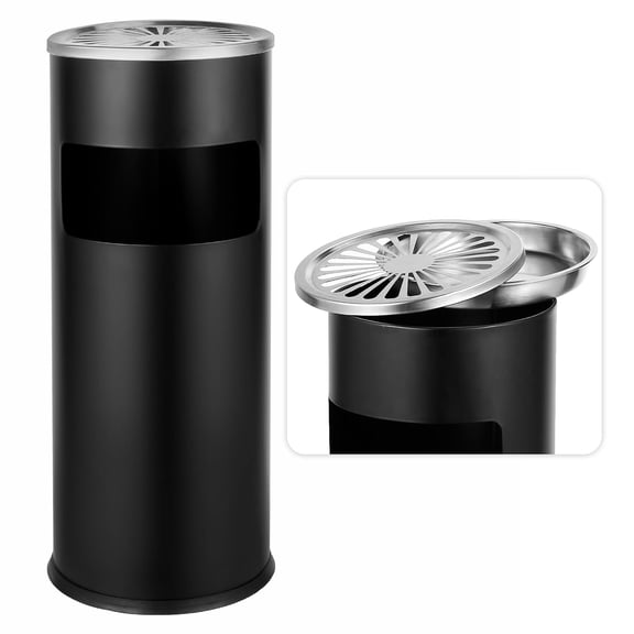 Trash Can Outdoor Waste Container Round Stainless Steel with Removable Inner Bucket for Disposal Commercial Hollow Tray 9.8 x 24-Black