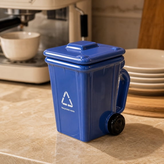 Trash Can Shaped Ceramic Mug with Lid and Shovel Spoon for Funny Office Gift and Desk Decor