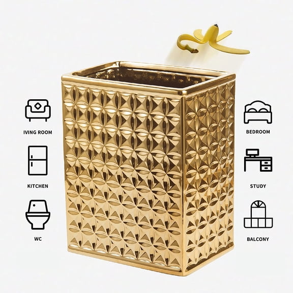 Trash Can for Bathroom, Small Office Garbage Can for Kitchen, Slim Rectangular Waste Bin, Ceramic, Gold
