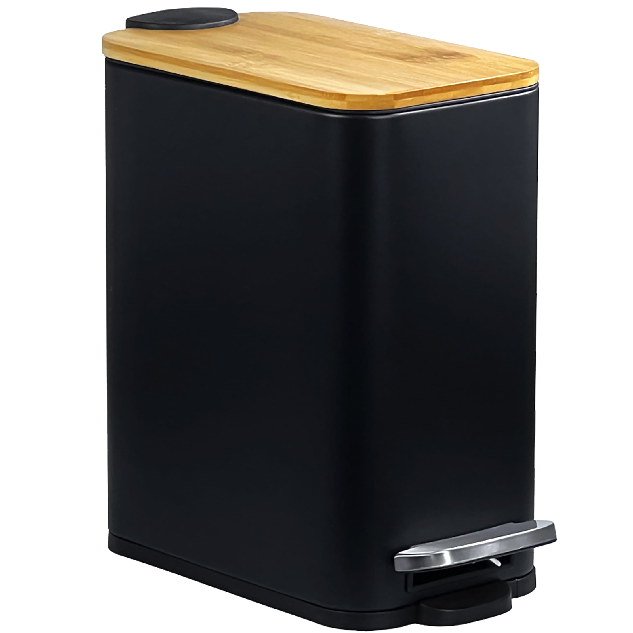 Trash Can with Bamboo Lid, Small Step On Garbage Can, Slim Wastebasket