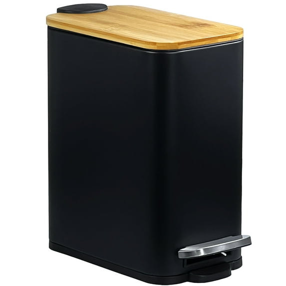 Trash Can with Bamboo Lid, Small Step On Garbage Can, Slim Wastebasket with Inner Bucket for Bathroom, Bedroom, 1.3gal Black