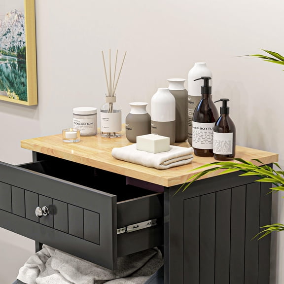 Trash Cans HOMCOM Kitchen Tilt Out Trash Bin Cabinet Free Standing Recycling Cabinet Trash Can Holder With Drawer, Black,Kitchen Trash Cans