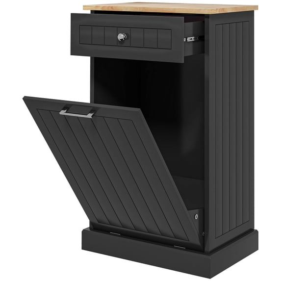 Trash Cans HOMCOM Kitchen Tilt Out Trash Bin Cabinet Free Standing Recycling Cabinet Trash Can Holder With Drawer, Black,Trash Cans With Lid