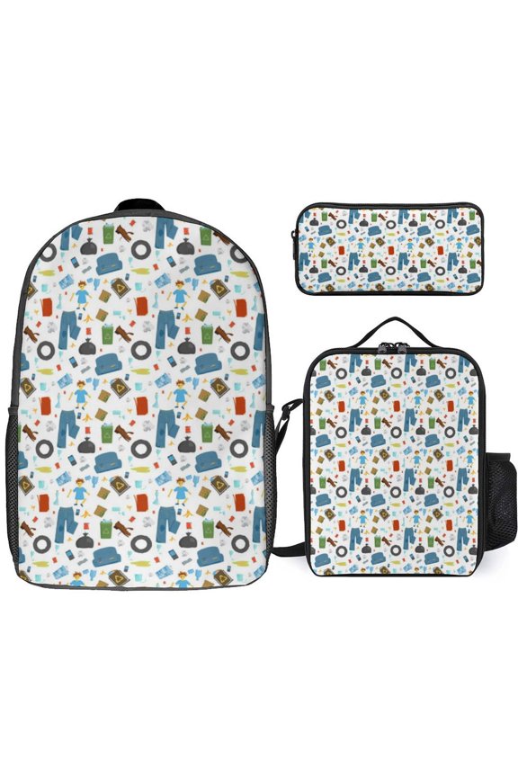 Trash Cartoon Seamless Pattern 3pcs/Set Bags Laptop Daypack Backpack Lunch Bag Pencil Case