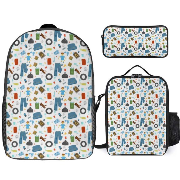 Trash Cartoon Seamless Pattern 3pcs/Set Bags Laptop Daypack Backpack Lunch Bag Pencil Case