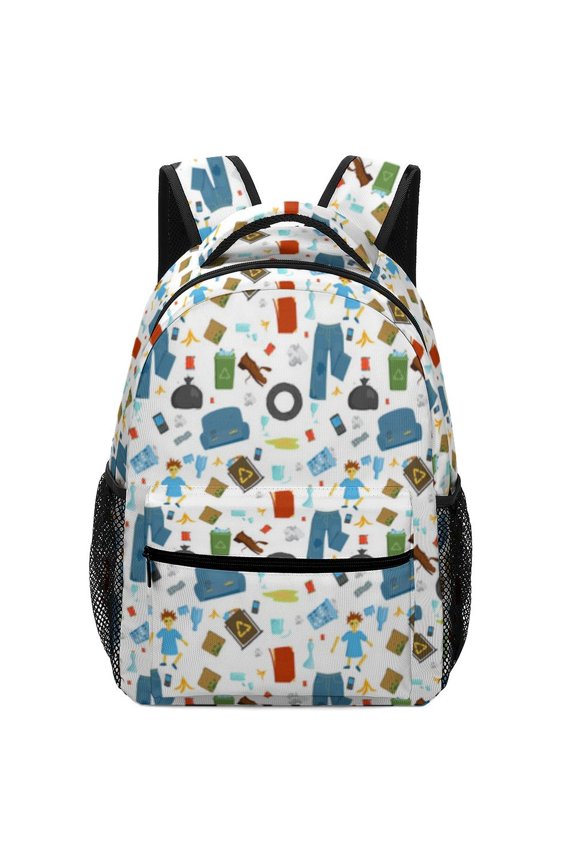 Trash Cartoon Seamless Pattern Oxford Backpack Multi Compartment Casual Carry Bag for Books