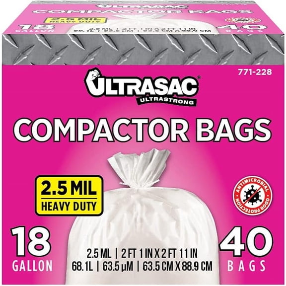 Trash Compactor Bags - (40 Pack with Ties) 18 Gallon for 15 inch Compactors - 25" x 35" Heavy Duty 2.5 MIL Garba Disposal Bags Compatible with Kitchenaid Kenmore Whirlpool iator