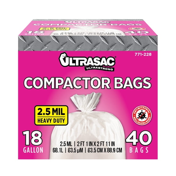 Trash Compactor Bags - 40 Pack with Ties 18 Gallon for 15 Inch Compactors - 25" x 35" Heavy Duty 2.5 Mil Garbage Disposal Bags Compatible with Kitchenaid, Kenmore, Whirlpool, GE, Gladiator
