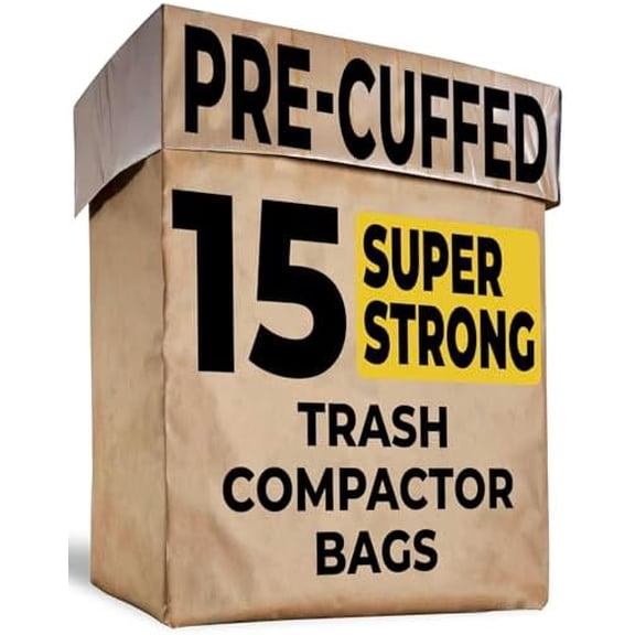Trash Compactor Bags for Kitchen - 15 PACK - Pre-Cuffed, Super Strong & Heavy Duty Kitchen Trash Bags with Leak Proof Plastic Liner, Fits GE Model Compactors with Rectangular Containers