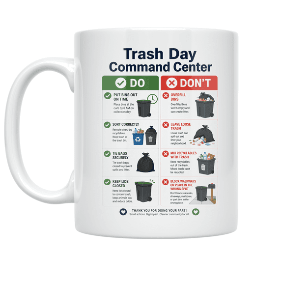 Trash Day Command Center - Home Organizer - 11 oz Ceramic Coffee Mug