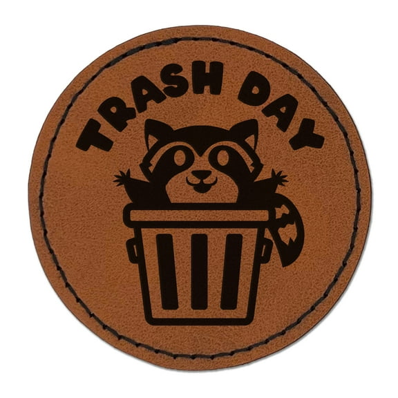 Trash Day Raccoon in Can 2.5" Faux Leather Round Engraved Iron-On Patch - Brown
