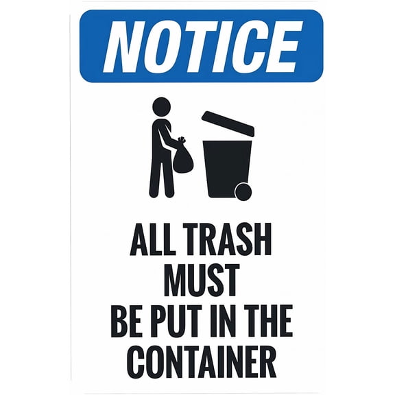 All Trash Must Be Put in The Container Warning Sign 12 x 8 Inches - Security Metal Sign, Indoor Outdoor Business, Office, Road, Street, Home, Yard, Garden Wall