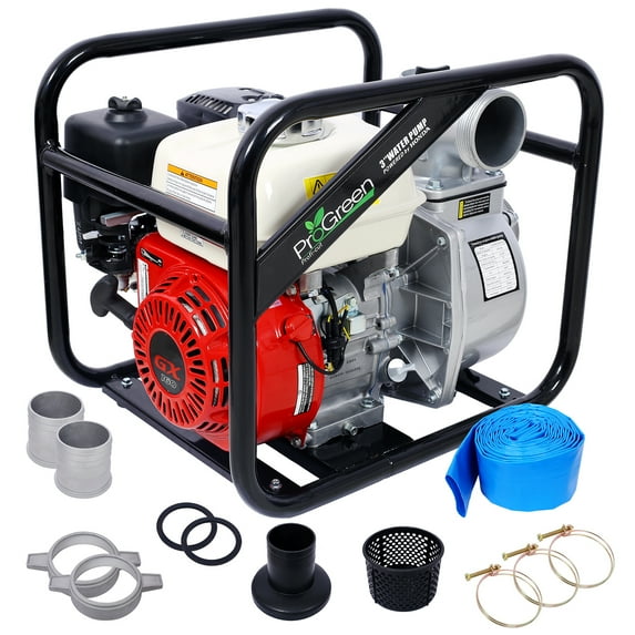 Trash Pump 3 inch 264 GPM 163cc GX160 Engine Gasoline Powered Water Pump with 25FT Flat hose for Pond Pool Draining Gardening Irrigation