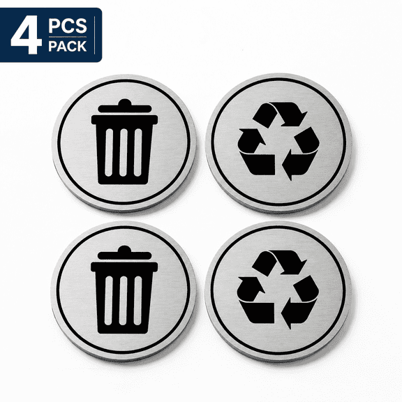 Trash and Recycle Decals Set of 4 - 3x3 Inch Round, UV Stable and Weatherproof Stickers for Indoor Outdoor Use - Garbage and Recycling Bin Labels for Kitchen Pantry Organization