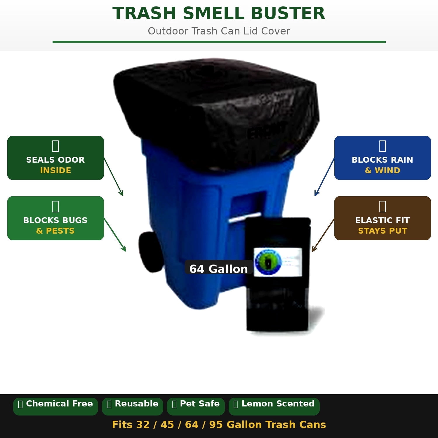 Trash Smell Buster, Outdoor Plastic Garbage Trash Can Covers, Contain Odors, Lemon Scent, 64 Gallon Trash Bin, 3 Covers