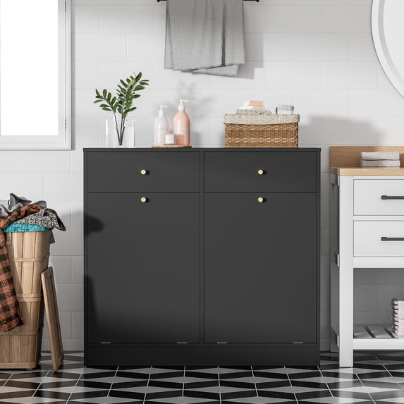 Trash Storage Cabinet with 2 Drawers, Double Tilt Out Trash Can Cabinet, Hidden Garbage Bin, Free Standing Laundry Sorter Organizer for Kitchen Dining Living Room, Bathroom, Black