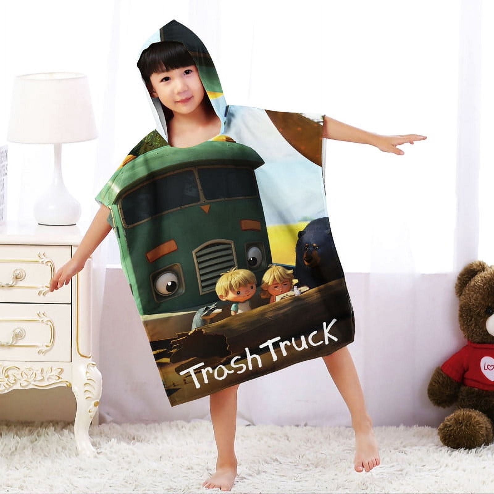 Trash Truck Hooded Poncho Towels, Soft & Absorbent Microfiber Beach Towel, Swimming Pool Changing Robe Bathrobe Bath Towel
