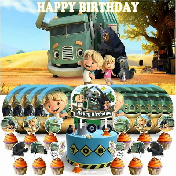 Trash Truck Paper Plates Birthday Party Supplies Decorations Decor Backdrop Banner Cake Topper Fans